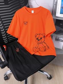 SHEIN 青少年男童休闲简约时尚经典小熊图案印花圆领短袖短裤两件套，适合夏季、游戏时间、游戏玩家 - 橘色 - 查看 6