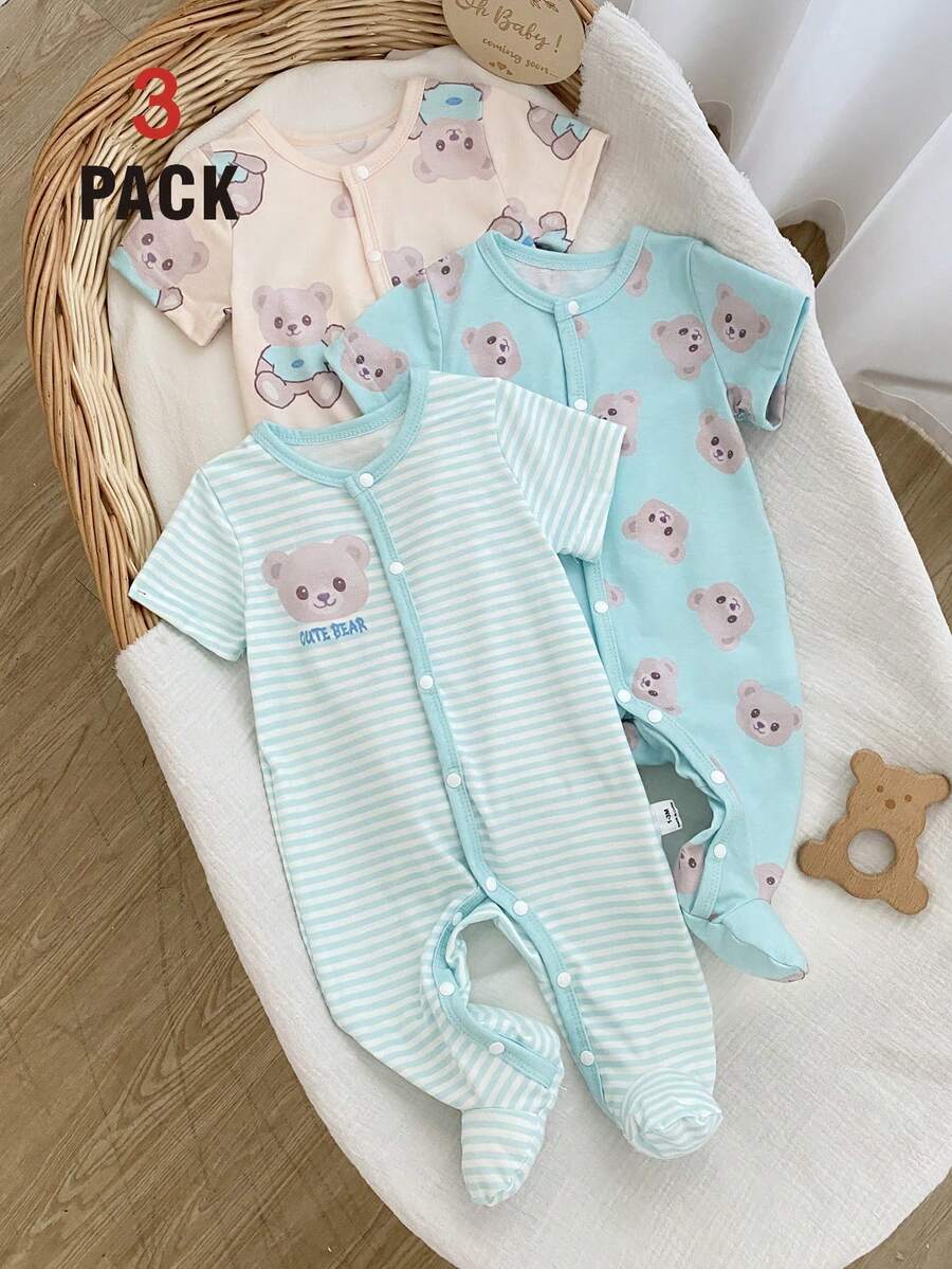 3件装新生儿连体衣,可爱卡通熊印花长袖连脚连体衣夏季婴儿连体衣套装 - 彩色 - 查看 1