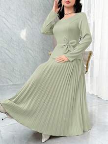 Modelyn 女士优雅纯色3D立体花卉装饰褶皱连衣裙 - 綠色 - 查看 4