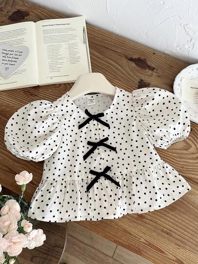 SHEIN Baby Girl Chiffon Polka Dot Petal Sleeve Casual Top