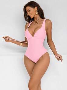 Shapewave Traje de baño de una pieza con control de abdomen y push-up, con parches de color marrón, espalda cruzada, cordón y diseño elegante y sexy para fiestas y piscina - Rosa Pálido - Ver 4