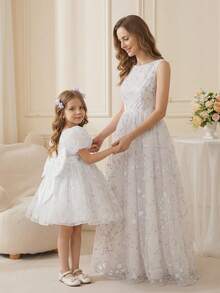 SHEIN Glamorique Kids Baby Girls' Princess Dress, Suitable For Birthday Party Birthday Formal, Wedding, Holiday, Ball Gown, With Oversized Bow, White Floral Tulle, 3D Floral Princess Dress Baby Princess Dress Baptism Dresses For Girls Baby Dress Wedding Baby Girl Dress Newborn Baby Girl Dresses Wedding Summer Elegant - White - View 6