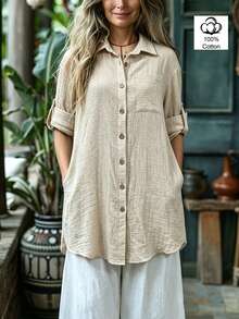 SHEIN Women's Solid Color Cuffed Sleeve Single-Breasted Casual Mid-Length Shirt - Apricot - View 1