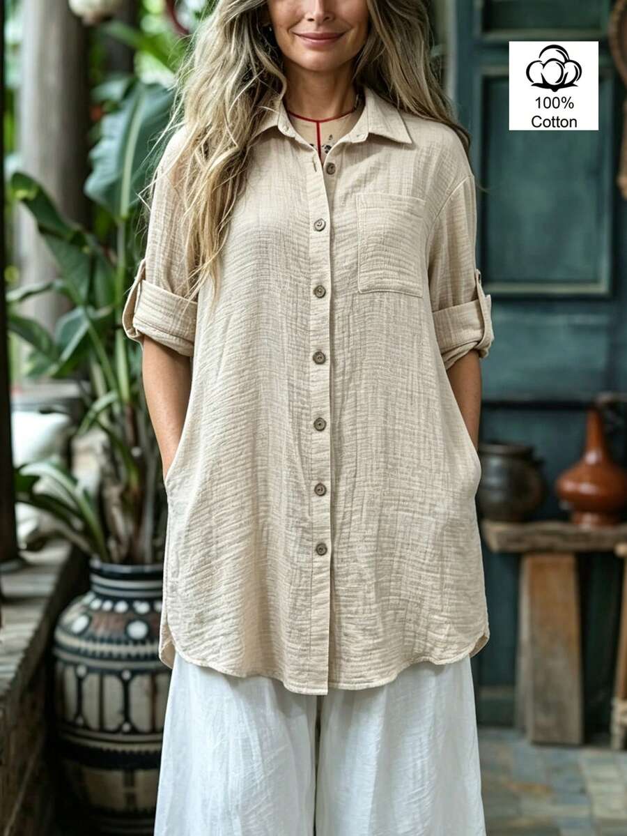 SHEIN Women's Solid Color Cuffed Sleeve Single-Breasted Casual Mid-Length Shirt - Apricot - View 1