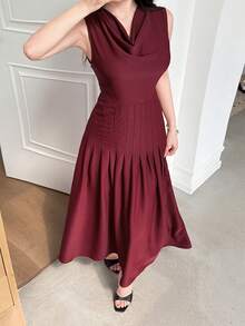 Feyla Women's Solid Color Ruffled Neck Pleated Design Sleeveless Elegant Mid-Length Dress Party Burgundy Summer - Burgundy - View 2