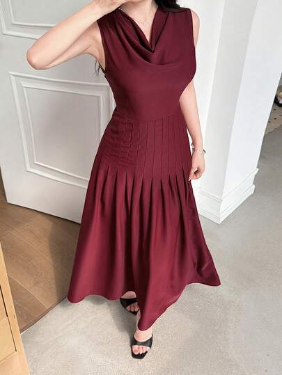 Feyla Women's Solid Color Ruffled Neck Pleated Design Sleeveless Elegant Mid-Length Dress