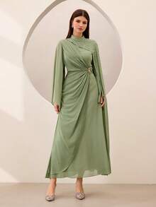 Graceveil Đầm xếp ly eo, cổ nhún, đính đá lấp lánh màu xanh ô liu - Màu xanh Ô liu - Xem 6