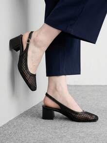 CUCCOO BIZCHIC 女士时尚高跟鞋，搭扣粗跟网纱鞋面，全球四季通勤，优雅百搭，适合节日度假、办公室户外日常穿着 - 亮黑 - 查看 3