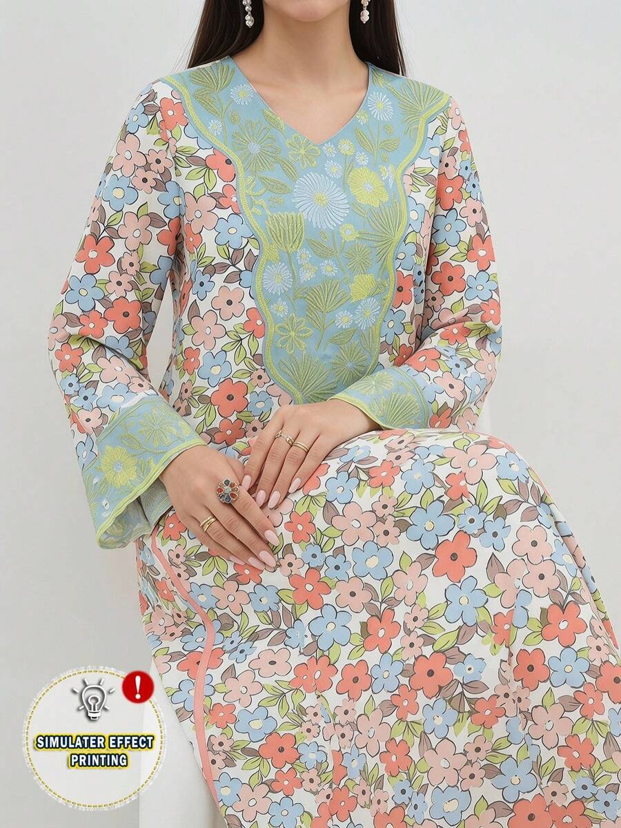 Al Najma Vestido de estilo árabe con estampado floral, manga acampanada y diseño minimalista y casual - Multicolor - Ver 1