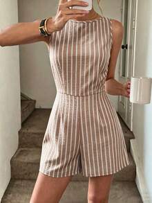 SHEIN PariChic Bộ jumpsuit không tay dáng suông kẻ sọc thắt eo, phong cách nghỉ mát mới dành cho nữ. - Cà phê nâu - Xem 5