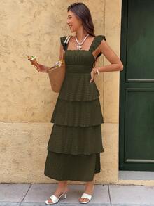 Serisse Vestido elegante de unicolor con cuello cuadrado y mangas cortas para vacaciones - Verde Oliva - Ver 8