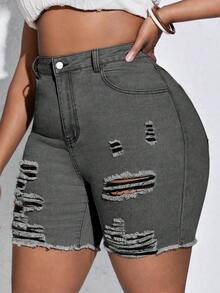 SHEIN CURVE+ 大码女式弹力黑色破洞紧身牛仔裤 - 灰色 - 查看 1