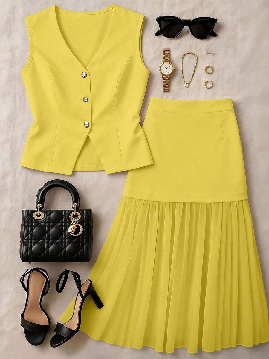 Franclia Plus Size Wedding Season Vest & Sheer Patchwork Midi Skirt 2 Pieces Set - Yellow - View 1