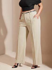 SHEIN BAE Pantalon grande taille, convient pour la Saint-Valentin, l'été, les anniversaires, la Saint-Valentin grande taille, pantalon sexy grande taille, pantalon galbé, formel, galbé, soirée, affaires, occasions formelles, déplacements, tenue de travail - Nude - Voir 4