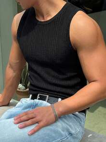 DAZY Black Textured Fabric Slim Fit Casual Men's Tank Top Summer - Black - View 5