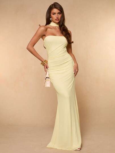 SHEIN BAE Women's Summer Solid Yellow Strapless Backless Fishtail Dress, Yellow Dress, Vacation Dress, Wedding Guest Dress, Back To School Dress, Beach Dress,Elegant Dresses For Party