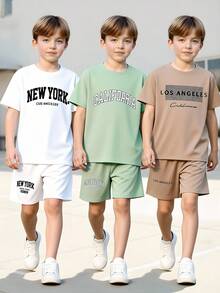 6pcs Tween Boys' Casual Slogan Print Crew Neck T-Shirt And Shorts Set,White,Summer,Streetwear,School,Back-To-School Daily Sports Outfit - Multicolor - View 2