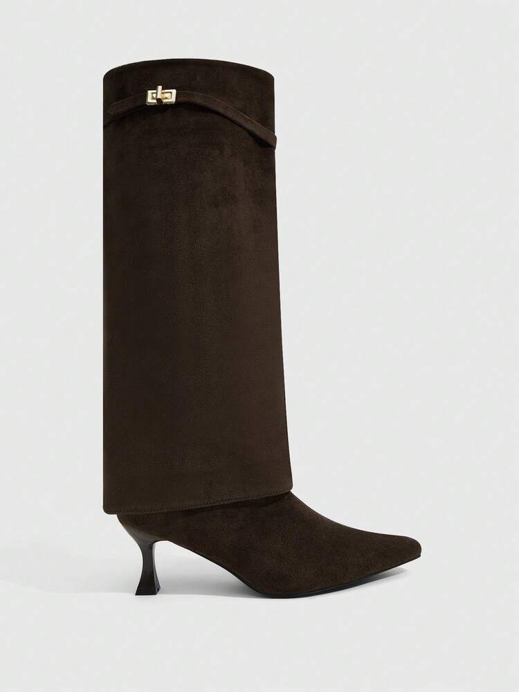 CUCCOO SZL Women's Fashion Pointed Toe Black Suede Tall Shaft Metal Buckle Elegant Versatile Stiletto Knee-High Boots