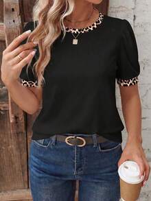 EMERY ROSE Fashionable Casual Retro Collar + Cuff Patchwork Leopard Print Plus Size Black Round Neck Puff Sleeve Design Plus Size T-Shirt - Multicolor - View 1