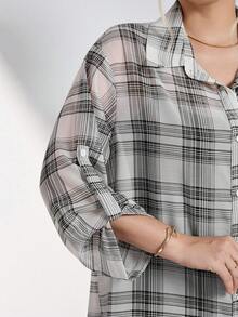 Chikora 大码女式格子袖口单排扣休闲衬衫 - 彩色 - 查看 7