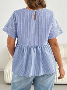 SHEIN Essnce Áo sơ mi nữ cỡ lớn thời trang xuân hè dáng rộng thoải mái, ôm dáng, kẻ sọc xanh trắng, tay ngắn, kiểu babydoll, áo công sở, áo kiểu nữ, áo dễ thương tôn dáng. - Màu xanh hải quân - Xem 2