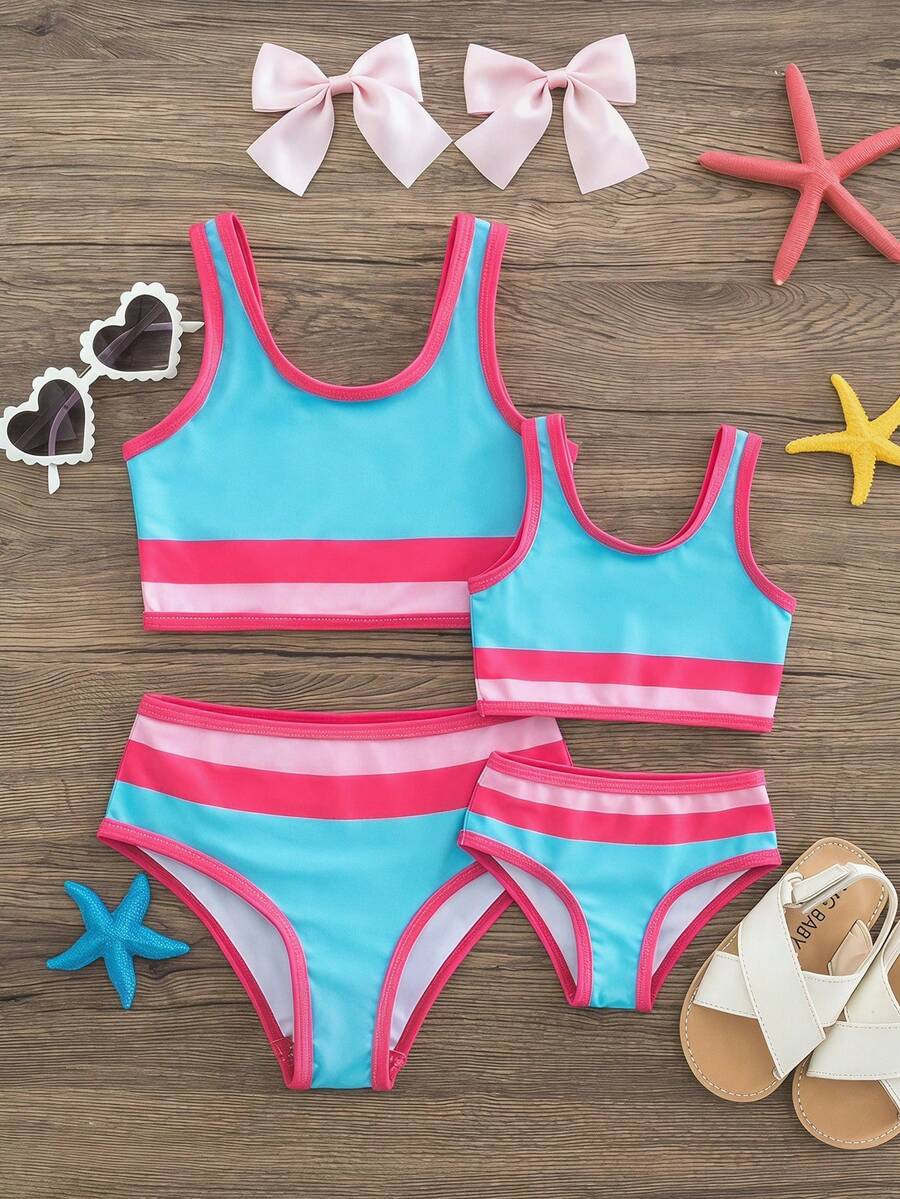 Young Girl Striped Rash Guard Swimsuit Set, Suitable For Beach Vacation And Swimming - Blue - View 1