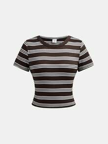 SHEIN Bộ đồ phối 2 món cho bé gái và thiếu nữ, áo thun dệt kim cổ tròn tay ngắn ôm dáng kẻ sọc vintage màu nâu trắng phối cùng quần dài casual, phong cách thể thao đa năng dễ phối đồ cho mùa hè - màu nâu - Xem 6