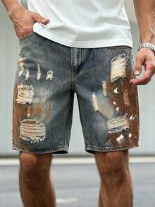 Manfinity LEGND Quần short denim rách, vẽ họa tiết, unisex - Màu xanh lam - Xem 7