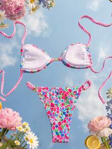 Swim Mod 两件套女士沙滩装，时尚可爱，适合度假、游艇、泳池派对，荧光花卉图案可调节挂脖比基尼上衣和性感比基尼下装套装 - 彩色 - 查看 2