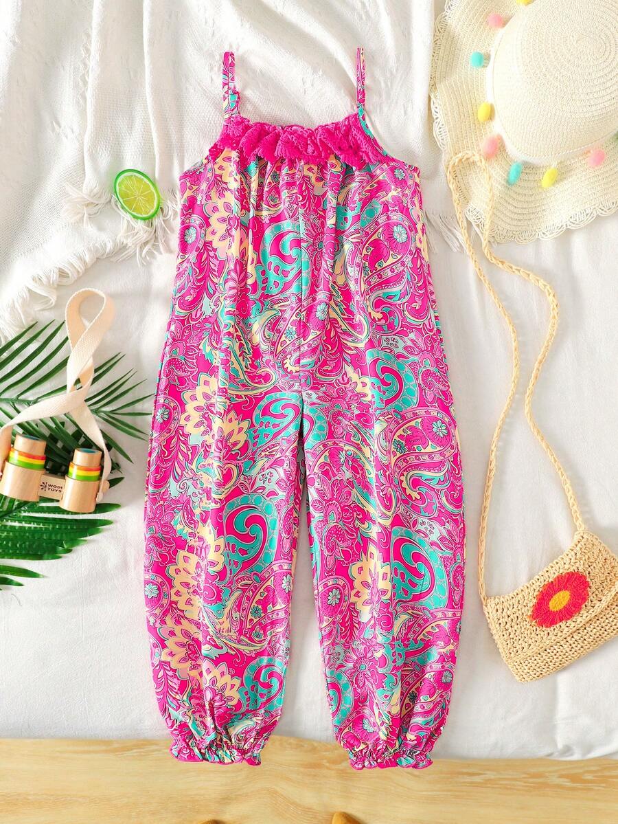 SHEIN 年轻女孩度假休闲雪纺碎花连体裤 - 玫紅色 - 查看 1