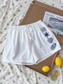 SHEIN Quần short nữ tuổi teen phong cách vintage họa tiết vỏ sò và sao biển màu xanh dương, thích hợp cho các lễ hội âm nhạc, bãi biển, kỳ nghỉ hè và các hoạt động ngoài trời. - trắng - Xem 8