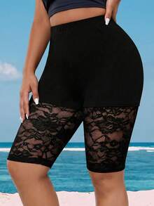 Elenzga Plus Size Versatile Contrast Lace Leggings - Black - View 1