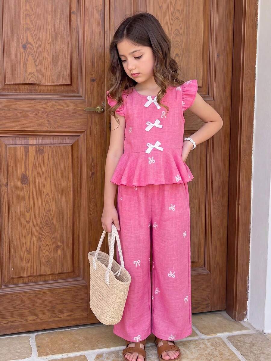 Elladie kids 2pcs/Set Tenue d'été assortie pour filles en bas âge, rose clair, pour vacances en famille, chemise à col rond avec nœud papillon, broderie, imprimé, manches volantées et ourlet à volants & short - Rose vif - Voir 1
