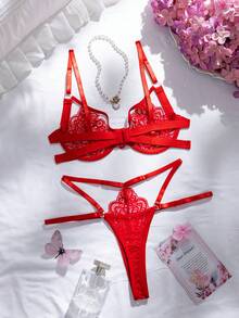 Seduluxe 2 piezas Conjunto de lencería naranja con aros, brillante y juvenil - Rojo - Ver 2