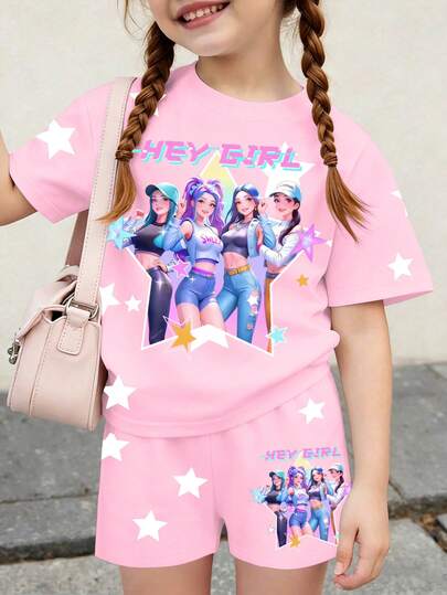 Camiseta de manga corta con cuello redondo y estampado de estrella de niña con patrón de chica K-POP de dibujos animados, adecuada para salidas, escuela, festivales de música, etc. Top rosa