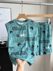 SHEIN Little Byeori 2件套儿童/青少年男童舒适休闲街头时尚字母印花连帽无袖背心和短裤套装，适合室内、室外、日常、运动、玩耍、派对、拍照、度假、春夏穿着。 - 灰色 - 查看 5