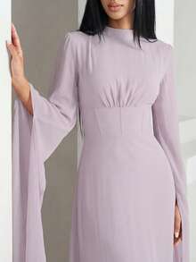 Veilorie Women's Solid Color Stand Collar Extra Long Sleeve Pleated Waist Elegant Dress Orchid Dress Party Dress - Pink - View 4