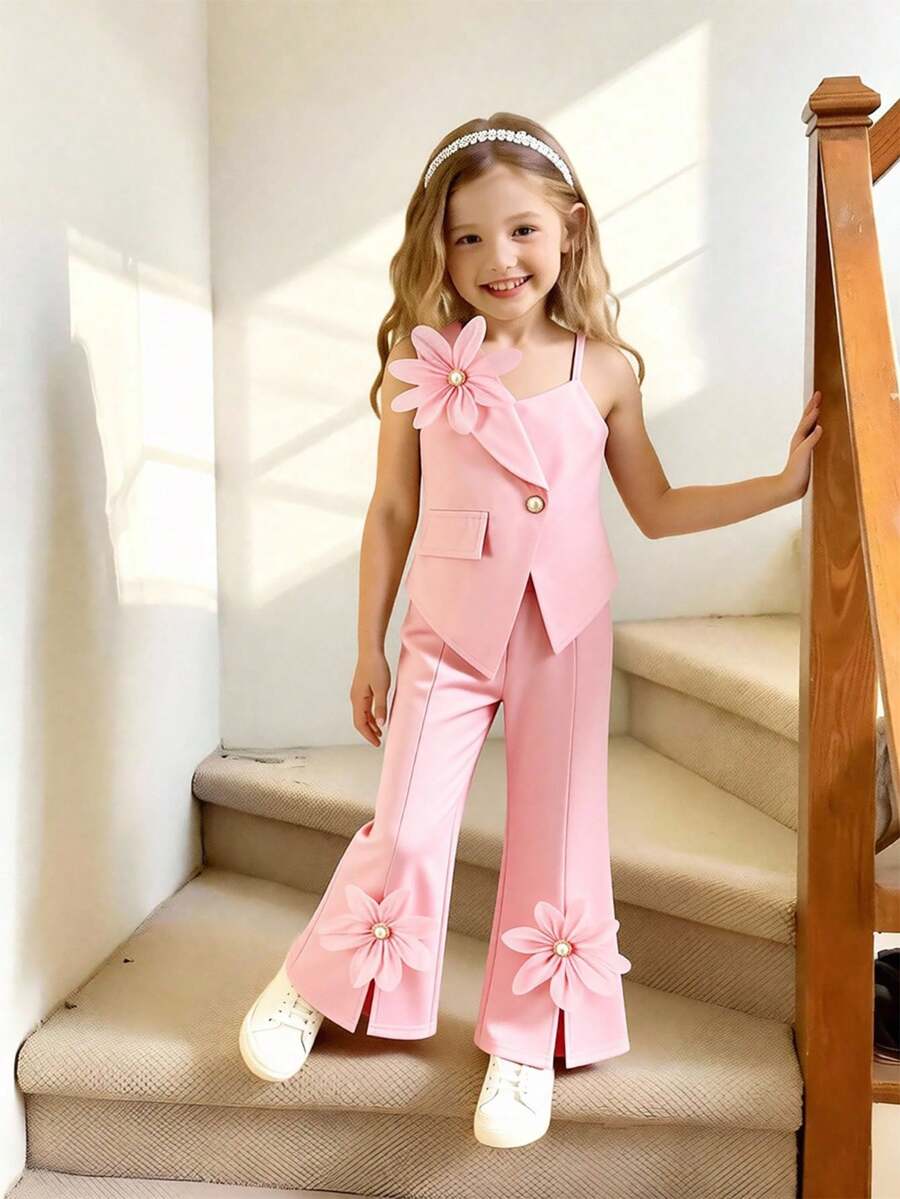 Elladie kids Set di top senza maniche con orlo asimmetrico e pantaloni a zampa per ragazze, design estivo nuovo, decorazione fiocco, fresco e alla moda, colore albicocca - Rosa - Visualizzare 1