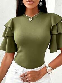 EMERY ROSE T-shirt ajusté à manches superposées de couleur unie élégant et minimaliste pour femmes, été - Militaire verte - Voir 4