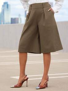 Vixey High Waist Pleated Detail Wide Leg Culotte Pants Office Wear Workwear Desk To Dinner Olive Green Summer Casual - Brown - View 4