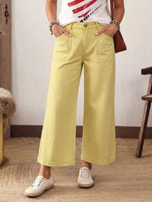 EMERY ROSE Plus Size Casual Versatile Solid Color Wide Leg Jeans Holiday Vacation Light Yellow Summer - Yellow - View 8