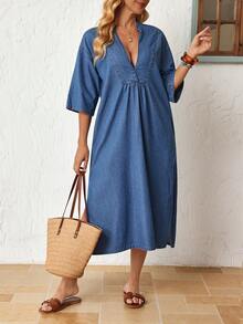 EMERY ROSE Women's Solid Color Drop Shoulder Short Sleeve Half-Placket Pleated Loose Denim Dress, Autumn Holiday Vacation Blue Boho - Blue - View 6