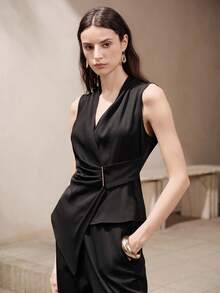 SHEIN Zanirela 女款時尚百搭金屬扣百褶性感上衣 - 黑色 - 查看 7