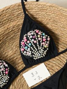 Swim SXY Nuevo conjunto de bikini con cuentas de concha para mujeres - Negro - Ver 4