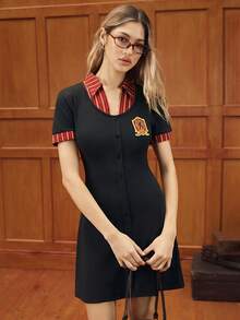 HARRY POTTER X SHEIN Women's Striped Short Sleeve Single-Breasted Mini Dress,College Badges,Back To School - Black - View 1