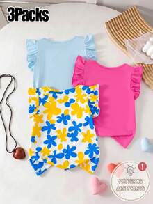 Set de 3 piezas: Camiseta de punto de cuello redondo con estampado de margaritas e irregulares florales, blusa con mangas acampanadas y volantes, conjunto de vacaciones de verano, nueva moda primavera/verano 2026, cómoda camiseta de manga corta de punto, adecuada para uso diario y vacaciones - Multicolor - Ver 2