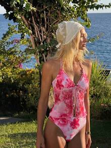 Swim Vcay Bộ bikini hai mảnh kiểu yếm tam giác, chất liệu vải in họa tiết nhiều màu sắc, thích hợp cho nữ, đi nghỉ mát, dự tiệc biển. - Hồng - Xem 3