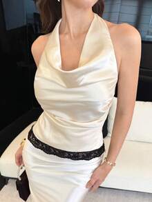 Modelyn 杏色深V领褶皱蕾丝边露背系带优雅性感吊带衫 - 杏色 - 查看 4