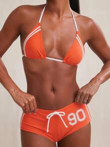 NYA SZN Conjunto de bikini de dos piezas con tiras, short tipo cheeky, traje de baño deportivo a rayas para vacaciones en la playa, rojo, para mujer - Naranja Coral - Ver 6