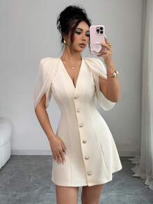 Elenzga Vestido elegante y romántico para mujer con cuello en V y línea A, hecho de tela de patchwork - Albaricoque - Ver 4